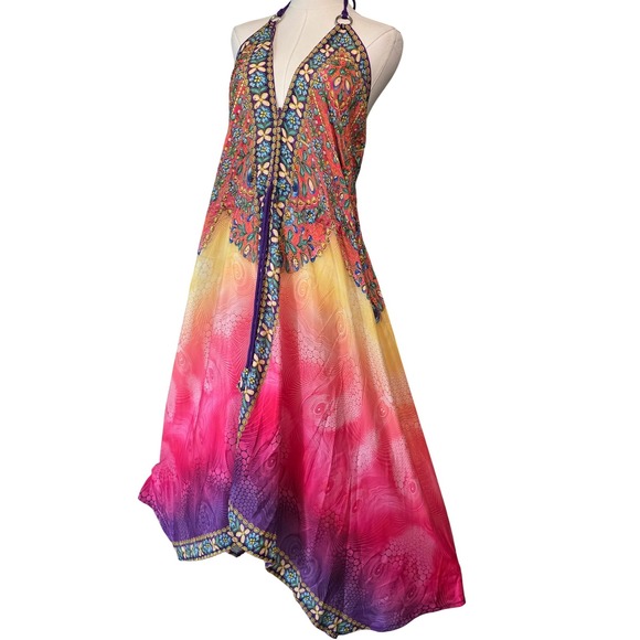 Rima SXM Halter Maxi Dress Womens OS Multi-Color Like New Art Silk Boho Print - Picture 4 of 15